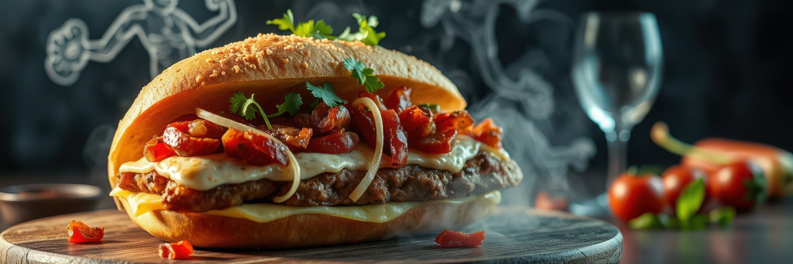 Delicious sandwich with meat, vegetables, and herbs served on a wooden table in a cozy dining setting